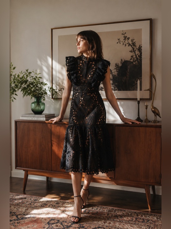 Dalia Macphee Dresses & Skirts - Dalia MacPhee Black Lace Cutout Ruffle Midi Dress